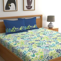 Home Ecstasy Blue & Green Floral 140 TC Pure Cotton King Bedsheet with 2 Pillow Covers-image-7