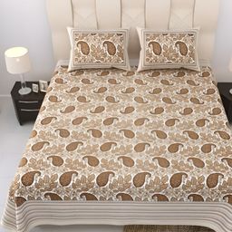 Comfowell Beige & White Ethnic Motifs Printed 244 TC King Bedsheet with 2 Pillow Covers-image-88