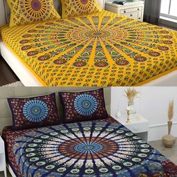 Runjhun Blue & Yellow Floral 144 TC 2 Queen Bedsheet with 4 Pillow Covers-image-15