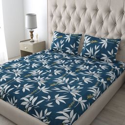 Aura Blue & White Floral Printed 250 TC Double Queen Bedsheet with 2 Pillow Covers-image-51