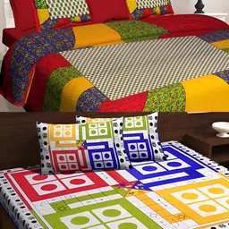 Runjhun Red & Yellow Ethnic Motifs 144 TC 2 Queen Bedsheet with 4 Pillow Covers-image-2