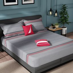 Nautica Grey & Red Striped Pure Cotton 150 TC King Bedsheet With 2 Pillow Covers-image-68