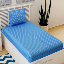 Aura Blue & White Striped 120 TC Single Bedsheet With 2 Pillow Covers-image-96