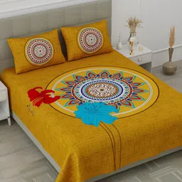 POORAK Yellow & White Floral 104 TC Queen Bedsheet with 2 Pillow Covers-image-94