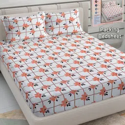 FABINALIV Orange & White Floral 300 TC King Bedsheet with 2 Pillow Covers-image-50