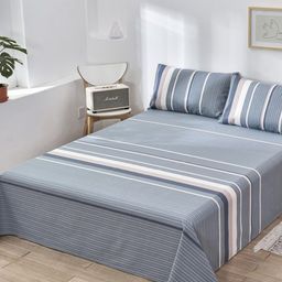 JC HOME Grey & White Striped 160 TC Single Bedsheet with 1 Pillow Cover-image-26
