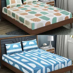 Aura Blue & White Geometric 144 TC 2 Queen Bedsheet with 4 Pillow Covers-picture-47