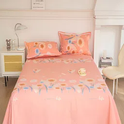 JC HOME Peach-Coloured & Blue Floral 160 TC Queen Bedsheet with 2 Pillow Covers-image-40
