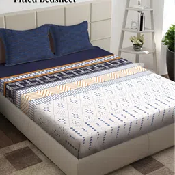 Arrabi White & Blue Geometric 300 TC Fitted King Bedsheet with 2 Pillow Covers-image-32