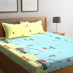 FABINALIV Blue & Yellow Cartoon Characters 300 TC Fitted King Bedsheet & 2 Pillow Covers-image-85