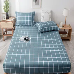 JC HOME Blue Geometric 230 TC Cotton Fitted Queen Bedsheet with 2 Pillow Covers-image-72