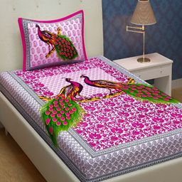 Aura Pink & Green Floral Cotton 120 TC Single Bedsheet with 2 Pillow Covers-image-88