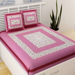 UNIQCHOICE Pink & White Floral Printed Cotton 120 TC Queen Bedsheet With 2 Pillow Covers-image-60