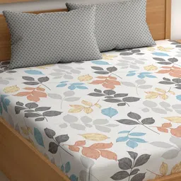 CHHAVI INDIA White & Grey Floral 210 TC Double King Bedsheet With 2 Pillow Covers-image-3