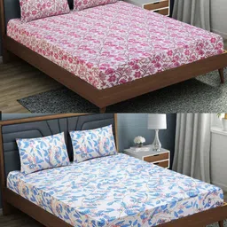 Aura Pink & Blue Floral 144 TC 2 Queen Bedsheet with 4 Pillow Covers-picture-33