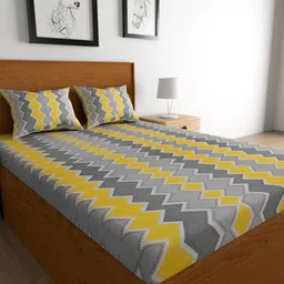 Urban Magic Yellow & White Geometric Cotton 104 TC Queen Bedsheet With 2 Pillow Covers-image-33