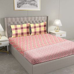BELLA CASA Pink & White Pure Cotton Floral 180 TC King Bedsheet with 2 Pillow Covers-image-32