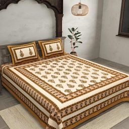 BED-SHEET.COM Brown & White Ethnic Motifs 180 TC Cotton King Bedsheet with 2 Pillow Covers-image-10