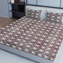 Sangria Maroon & White Geometric Printed 200TC Pure Cotton Queen Bedsheet Set-image-35
