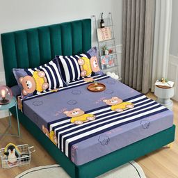 JC HOME Purple  White Graphic 160 TC King Fitted Bedsheet with 2 Pillow Covers-picture-13