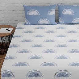 Huesland sunrise White & Blue Geometric 144 TC Cotton King Bedsheet with 2 Pillow Covers-image-57