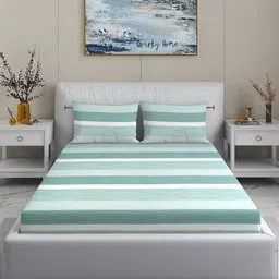 Quirky Home Green & White Striped 200 TC King Bedsheet with 2 Pillow Covers-image-26