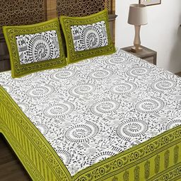 Runjhun Green & White Ethnic Motifs 144 TC Cotton Queen Bedsheet Set-image-65