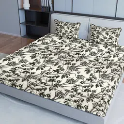 Aura Grey & Cream Floral Cotton 200 TC Queen Bedsheet with 2 Pillow Covers-image-44