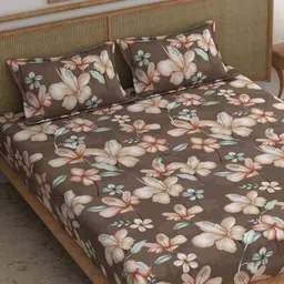 CHHAVI INDIA Brown & Green Floral Printed 210 TC Queen Bedsheet & 2 Pillow Covers-image-46