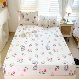 JC HOME White & Pink Floral Cotton Fitted 230 TC Single Bedsheet With 1 Pillow Cover-image-104