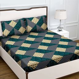 BELLA CASA Green & Beige Geometric 150 TC 100% Cotton King Bedsheet with 2 Pillow Covers-25