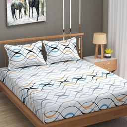 UrbanArts White & Blue Geometric 180 TC King Bedsheet with 2 Pillow Covers-image-31