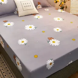JC HOME Grey & White Floral 160 TC Fitted Queen Bedsheet with 2 Pillow Covers-picture-28
