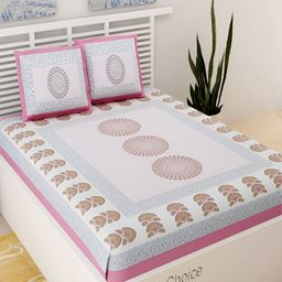UNIQCHOICE Pink & White Floral Printed Cotton 120 TC Queen Bedsheet With 2 Pillow Covers-image-44