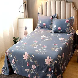 JC HOME Grey & Pink Floral Cotton 230 TC King Bedsheet With 2 Pillow Covers-image-90
