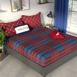 Nautica Pacific Coast Red & Blue Pure Cotton 160 TC King Bedsheet with 2 Pillow Covers-image-66