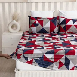 HOMEMONDE Red & Navy Blue Geometric 210 TC Queen Bedsheet with 2 Pillow Covers-3