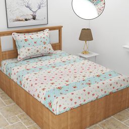 MORADO Off White & White Floral Printed 210 TC Fitted Single Bedsheet With 1 Pillow Cover-image-82