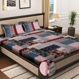 KLOTTHE Red & Pink Abstract Printed 300 TC Fitted Double King Bedsheet With 2 Pillow Cover-14