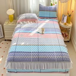 JC HOME White & Blue Geometric 160 TC Fitted Queen Bedsheet with 2 Pillow Covers-image-71