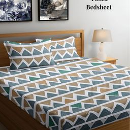 Arrabi White & Blue Geometric 300 TC Fitted King Bedsheet with 2 Pillow Covers-image-13