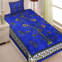 Aura Blue & White Ethnic Motifs Cotton 120 TC Single Bedsheet With 1 Pillow Cover-image-123