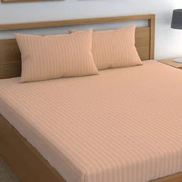 CHHAVI INDIA Peach-Coloured Striped 210 TC Queen Bedsheet & 2 Pillow Covers-image-85