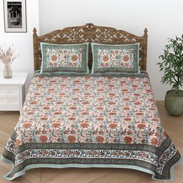 Comfowell Orange & Blue Floral Printed Single Bedsheet With 2 Pillow Covers-15