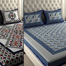 LA VERNE Blue & Grey Graphic 104 TC 2 Queen Bedsheet with 4 Pillow Covers-image-91