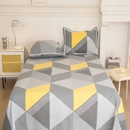 JC HOME Grey & Yellow Geometric 160 TC Single Bedsheet with 1 Pillow Covers-picture-52