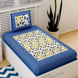 Aura Blue & White Floral Cotton 120 TC Single Bedsheet with 2 Pillow Covers-image-97