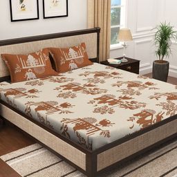 KLOTTHE Cream-colored & Brown 300 TC Fitted Super King Bedsheet With 2 Pillow Covers-29