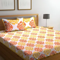 UNIQCHOICE Yellow & White Printed Cotton 144 TC Queen Bedsheet With 2 Pillow Covers-image-49