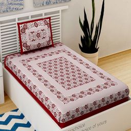 UNIQCHOICE Maroon Printed Cotton 120 TC Single Bedsheet With 1 Pillow Covers-0